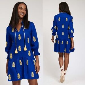 TYLER BOE Linen Niki Pineapple Tiered Dress - Size Medium Blue Yellow resort. 11